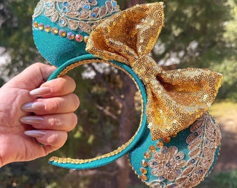 プリンセスの耳、ジャスミン風の金色に輝くアラジン風のアラビアンスタイルのマウスの耳、ミニーの耳
