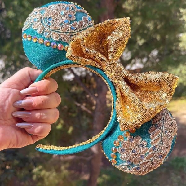 Orejas de princesa, inspiradas en Jasmine, doradas y brillantes, inspiradas en Aladdin, orejas de ratón estilo árabe, orejas de Minnie