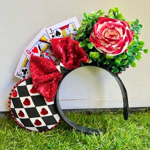 Queen of Hearts Princess Mouse Ears in Wonderland with Painted Red Rose Minnie Ears Headband