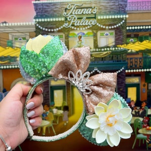 Tiana Inspired Mouse Ears Princess and the Frog New Orleans Princess Green and Champagne Ears with Lotus Flower and Tiara