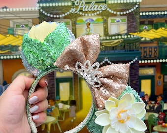 Tiana Mouse Ears Princess and the Frog New Orleans Princess Green and Champagne Ears with Lotus Flower and Tiara