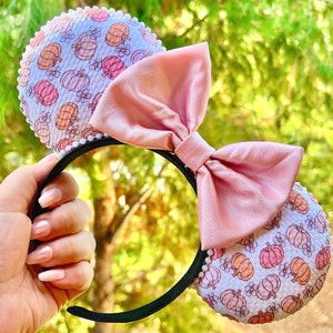 Pastell Kürbis-Mäuseohren | Rosa Satin Bogen Herbst Stirnband | Süße Herbst Disney inspirierte Ohren