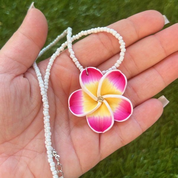 Hawaiian Plumeria Flower Beaded Pendant Necklace Diamond with Matching Earrings