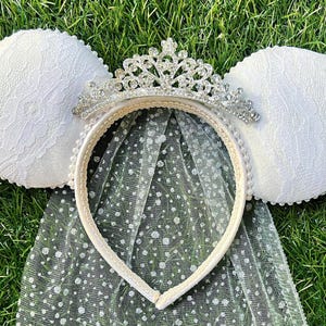Bridal Wedding Lace Just Married Princess Mouse Ears with Diamond Tiara and Glitter Veil Minnie Headband