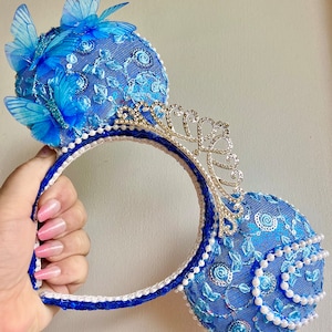 Cinderella Mouse Ears: Blue Sequin Headband with Butterflies & Tiara