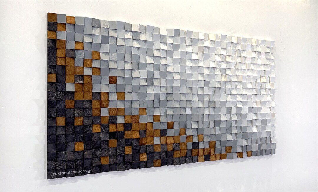 Geometric Wood Wall Art, Large Grey Wood Wall Decor, 3D Wood Panel