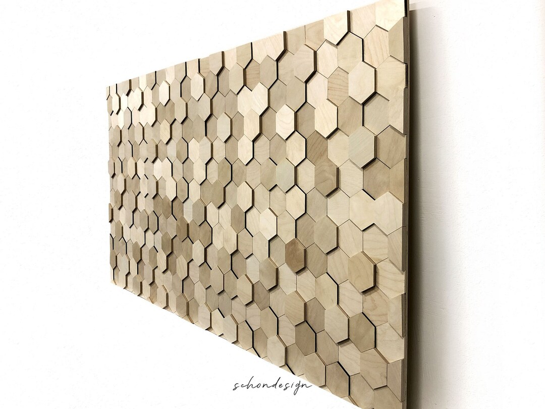 Large Hexagon Wood Wall Art, 3D Wood Block Mosaic Panel Wall Art