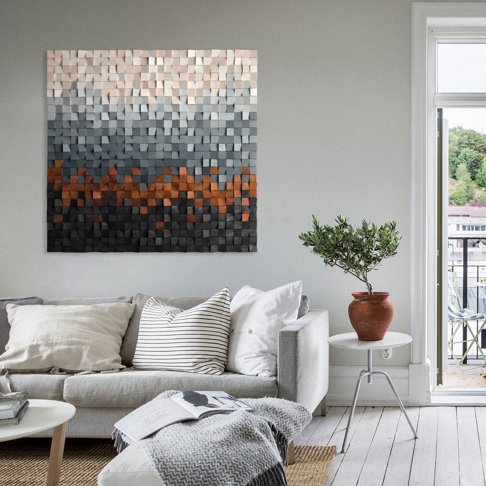 Scandinavian Geometric Wood Wall Art OFFWHITE. Reclaimed Wood Wall 3D Sound Diffuser Panel