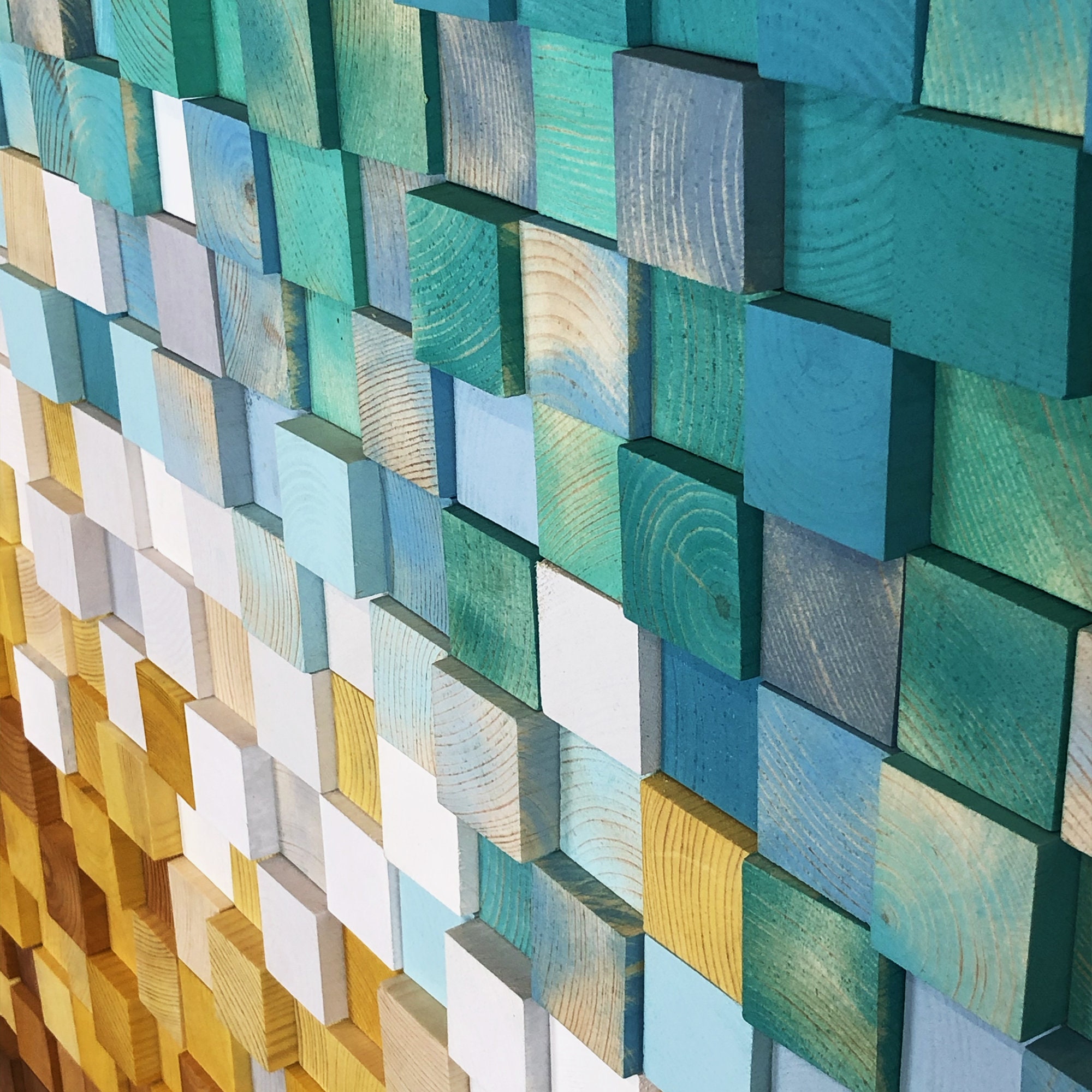 Reclaimed Wood Sound Diffuser Wall Acoustic Panel Art aquamarine, 3d Mosaic Wood Block Slat Wall