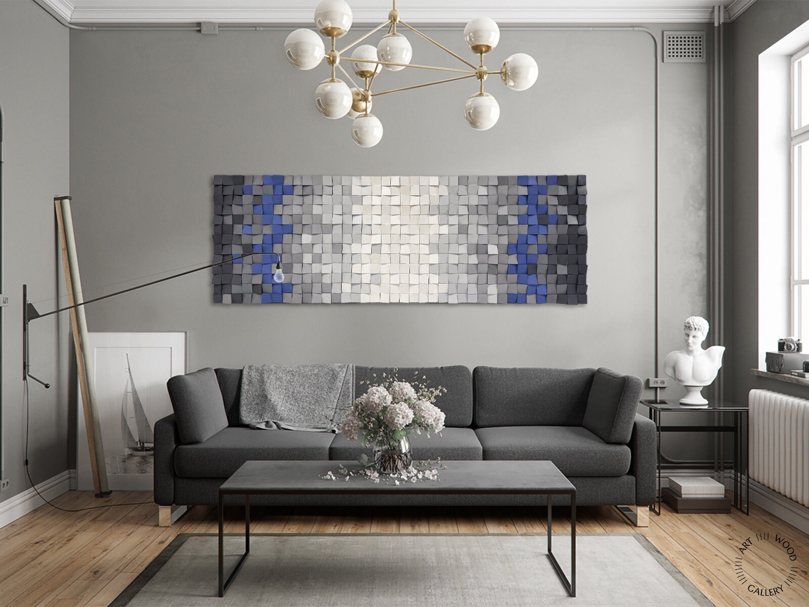 CLOUDY SKY Light Blue and Gray Large Acoustic Wood Wall Sound Diffuser