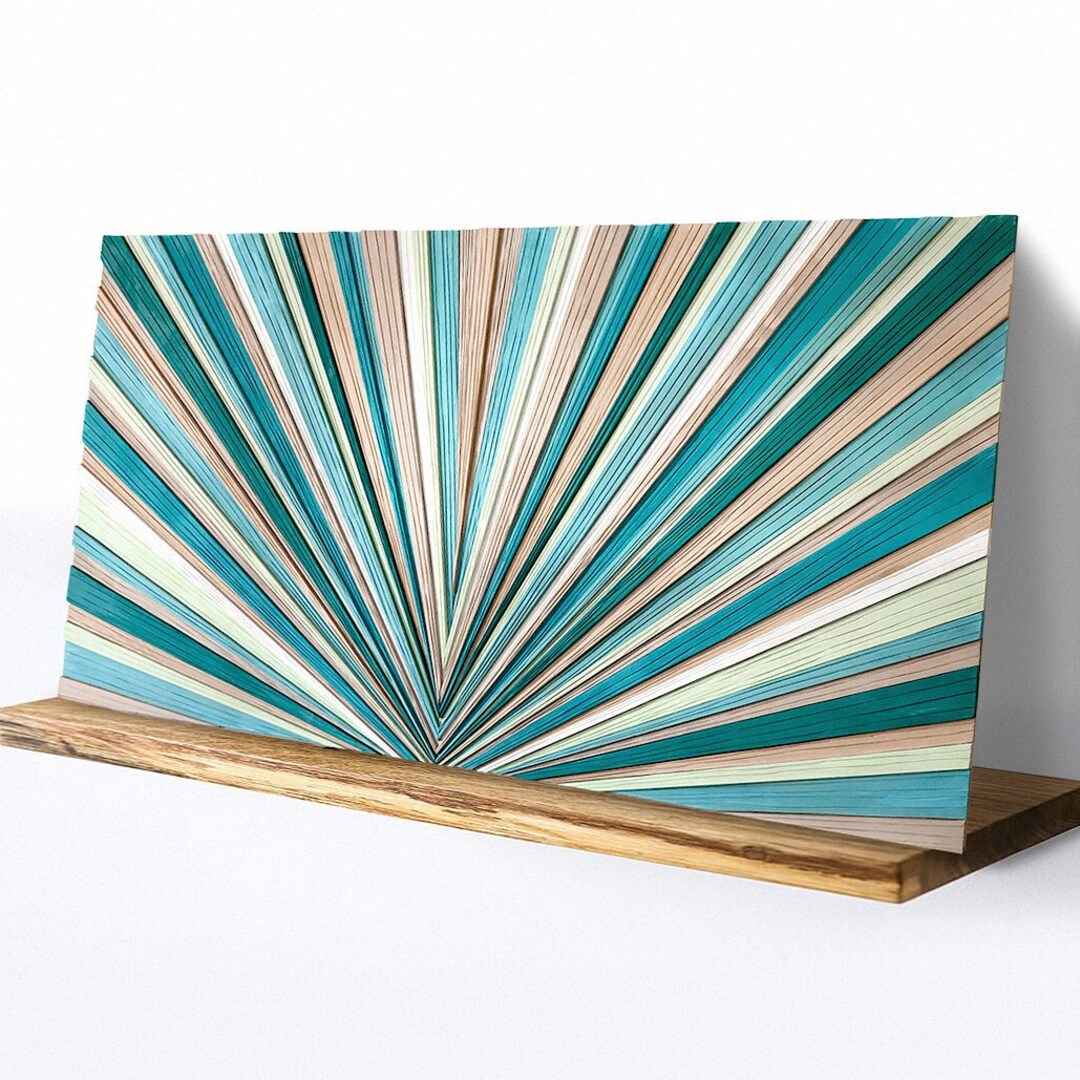 Reclaimed Wood Slat Wall Geometric Art Panel MINT CANDY, Bedroom Decor