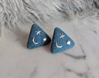Witchy Denim Triangle Vintage Stud Moon, Star and Planet Retro Earrings