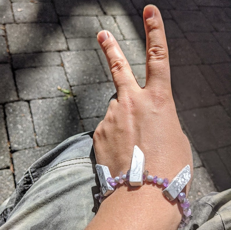 Warrior Princess Marbled Stone Pointed Amethyst Statement Bracelet Amethyst Spear Bracelet