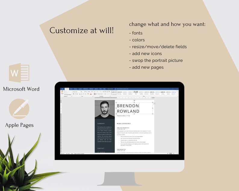 May include: A computer screen displaying a resume template in Microsoft Word. The resume template is for a person named Brendon Rowland. The template is customizable with options to change fonts, colors, resize or delete fields, add new icons, swap the portrait picture, and add new pages.