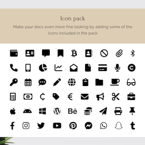 May include: A grid of black icons on a white background. The icons represent various social media platforms, currencies, and other common symbols. The text "Icon pack" is at the top of the image. The text "Make your docs even more fine looking by adding some of the icons included in the pack" is below the title.