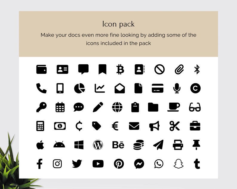May include: A grid of black icons on a white background. The icons represent various social media platforms, currencies, and other common symbols. The text "Icon pack" is at the top of the image. The text "Make your docs even more fine looking by adding some of the icons included in the pack" is below the title.