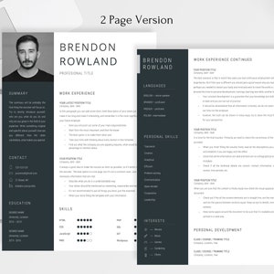 May include: A black and white resume template with a photo of a man at the top. The resume is divided into sections such as Summary, Work Experience, Skills, Education, Contact, Languages, Personal Skills, Interests, and Personal Development. The resume is for Brendon Rowland.