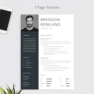 May include: A black and white resume template with the name Brendon Rowland at the top. The resume includes sections for summary, contact, education, work experience, and skills. The skills section lists HTML, CSS, Javascript, PHP, SQL, WordPress, and Git.