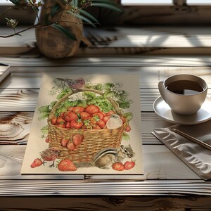 Strawberry Kitchen Wall Art Cute Animal Wall Decor Bird Artist Print Bird Lover Gift Fun Chipmunk Drawing For Animal Lover Office Picture