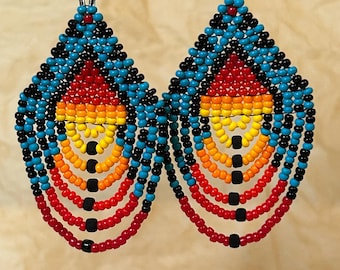 Orecchini Lunghi Fatti A Mano In Perline E Metallo - Stile Nativo Americano, Pendenti A Goccia Multicolore