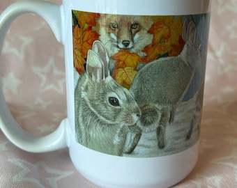 Woodland Fox & Rabbits-koffiemok: natuurscènekunst, 15 oz keramiek, kleurrijke herfstkunst