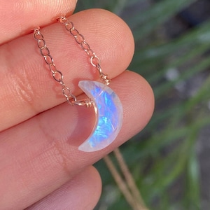 Rainbow Moonstone Necklace, crescent moon, half moon necklace, moonstone necklace, minimalist, dainty, necklace, blue, flash, Silver, Gold