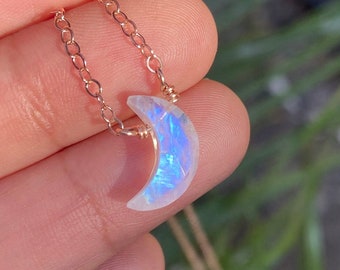 Rainbow Moonstone Necklace, crescent moon, half moon necklace, moonstone necklace, minimalist, dainty, necklace, blue, flash, Silver, Gold