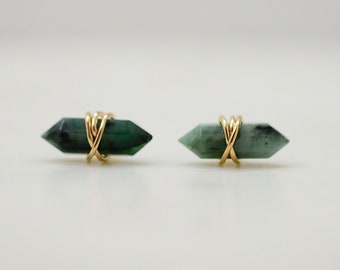 Raw Emerald Studs, Emerald Spike earrings, Sterling Silver, 14K Gold Filled, Rose Gold, May Birthstone, Minimalist earrings, bar studs
