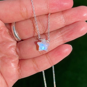 Rainbow Moonstone Necklace, star necklace, rainbow moonstone star necklace, minimalist, dainty, necklace, blue, flash, Silver, Gold