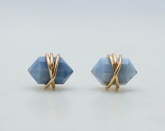 Blue Opal Studs, post earrings, Gold filled, sterling Silver, Rose Gold, May Birthstone, Minimalist earrings, hexagon, minimal, geometric