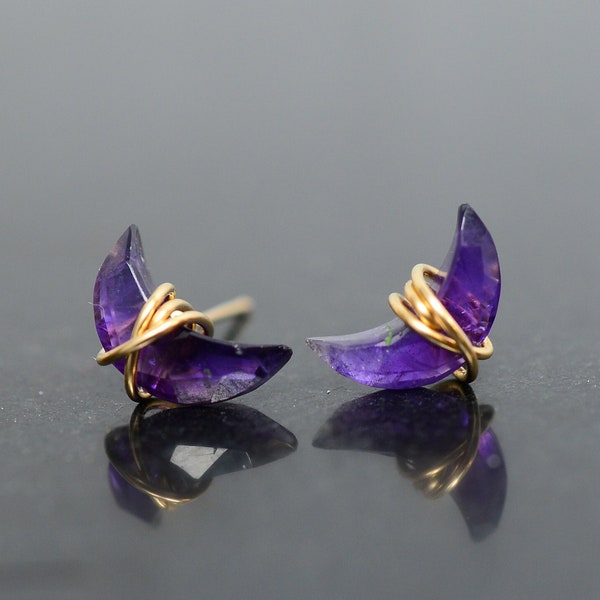 Amethyst Earrings, Amethyst moon Earrings, Moon shape, Gold Filled, Sterling Silver, Minimalist, Crescent Moon, Celestial, amethyst studs