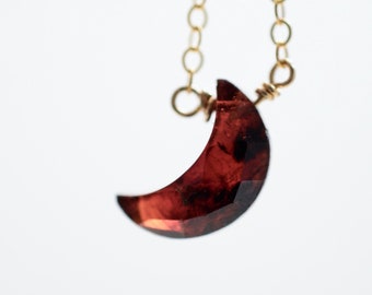 Garnet Moon Necklace, crescent moon, moon necklace, January Birthday, minimalist, dainty, necklace, red, Silver, Gold, rose, Mother's Day