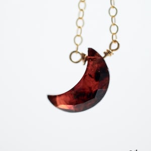 Garnet Moon Necklace, crescent moon, moon necklace, January Birthday, minimalist, dainty, necklace, red, Silver, Gold, rose, Mother&#39;s Day