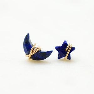 Lapis Lazuli Earrings, Star moon Earrings, Half moon Earrings, Post earrings, Studs, Gold, Sterling Silver, Crescent Moon, Unique, blue