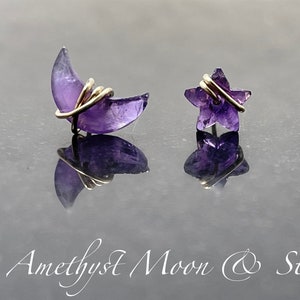 Amethyst Earrings, Crescent Moon and star shape, 14K Solid Gold, Filled, Sterling Silver, Minimalist, half Moon, Celestial, Raw Amethyst