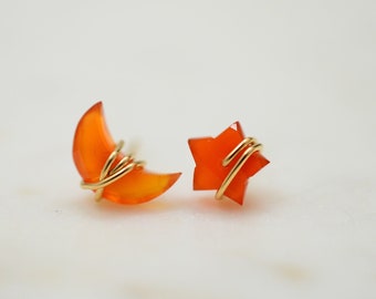 Carnelian Earrings, Crescent, Half Moon Earrings, Post earrings, Star earrings, Christmas Gift, Gold Filled, Sterling Silver, Orange, witchy