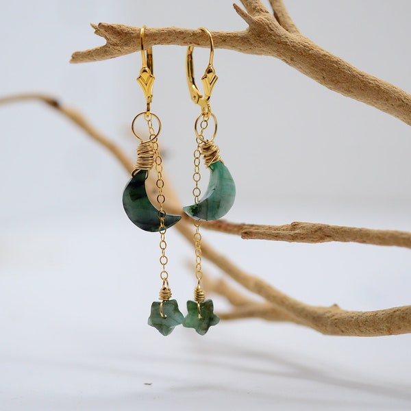 Raw Emerald Earrings, Raw Emerald Dangle Earrings, Gold Filled Dainty, Minimalist Earrings, crescent Moon, celestial, May Birthday