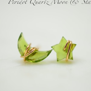 Peridot Green colored Studs earrings, Minimalist, Sterling Silver, 14K Gold Filled, Rose Gold, August Birthstone color, Crescent Moon, Star