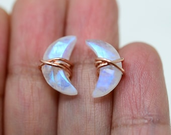 Rainbow Moonstone Studs, Rainbow Moonstone Earrings, June Birthstone, Crescent Moon earrings, rainbow moonstone crescent post earrings