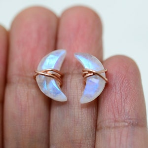 Rainbow Moonstone Studs, Rainbow Moonstone Earrings, June Birthstone, Crescent Moon earrings, rainbow moonstone crescent post earrings