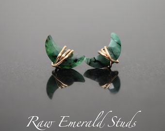 Raw Emerald Stud Earrings, Crescent Moon shape, 14K Gold, Filled, Sterling Silver, Minimalist, May Birthstone, Green, Celestial, half moon
