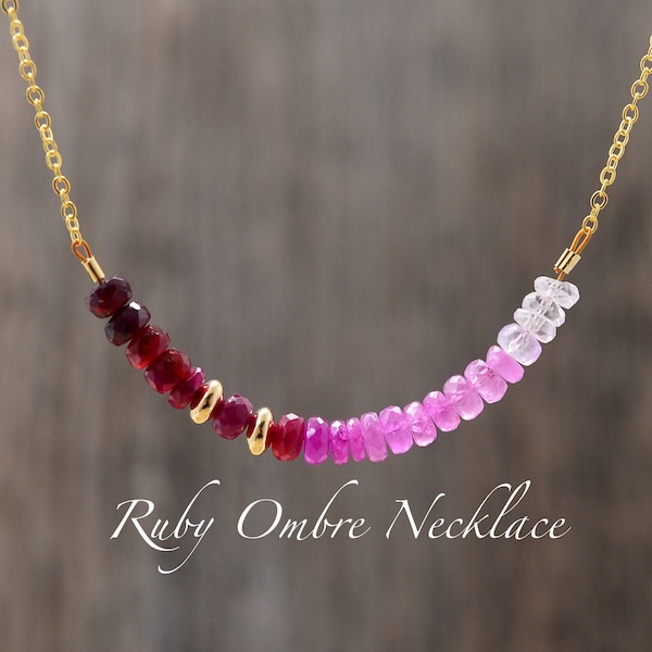 Ombre Ruby Bar Necklace, Gold Filled, Sterling Silver, Ruby necklace for women, July Birthstone, Red, Pink, Opal, Genuine Ruby, Ruby Bar
