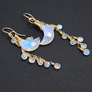 Rainbow Moonstone Earrings, Rainbow Moonstone Dangle Earrings, 14K Gold Filled, Half moon, crescent, cascade, shooting star earrings, long