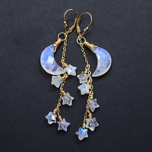 Rainbow Moonstone Earrings, Rainbow Moonstone Dangle Earrings, 14K Gold Filled, Half moon, crescent, cascade, shooting star earrings, long