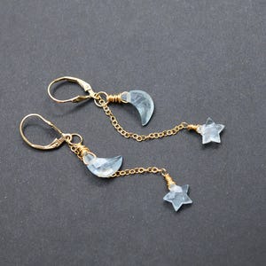 Aquamarin Ohrringe, Aquamarin Ohrhänger, Gold Filled, Zierlich, Minimalistisch, Stern, Halbmond, Nautisch, Himmlisch, März Geburtsstein