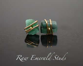 Raw Emerald stud Earrings | Sterling Silver, 14K Gold Filled | Dainty | May Birthstone, Natural, Green, mother's day gift