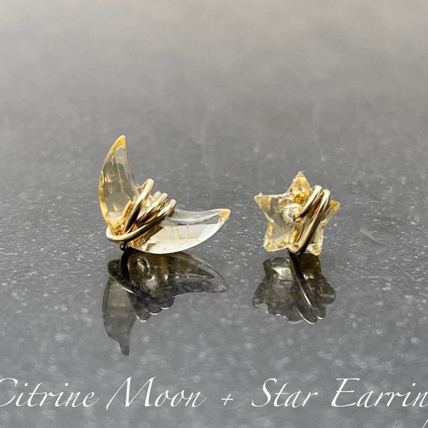 Citrine Earrings, Crescent Moon and star shape, 14K Solid Gold, Filled, Sterling Silver, Minimalist, Crescent Moon, Celestial, Raw Citrine