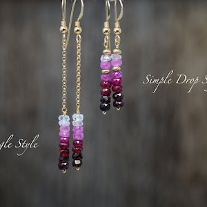 Ruby Earrings, Ruby dangle, July Birthstone, 14K SOLID Gold Filled, Gold filled Sterling Silver, Genuine Sapphire, Ombre, red, multicolored,