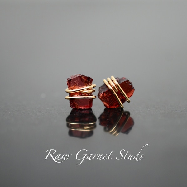 Raw Garnet Stud Earrings: Dainty Sterling Silver, 14K Gold Filled