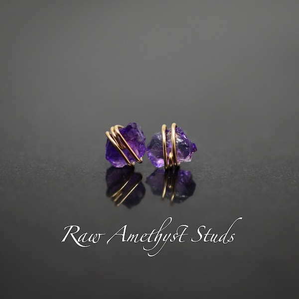 Raw Amethyst stud Earrings | Sterling Silver, 14K Gold Filled | Dainty | February Birthstone, March Birthstone, Natural, purple, Raw Stone